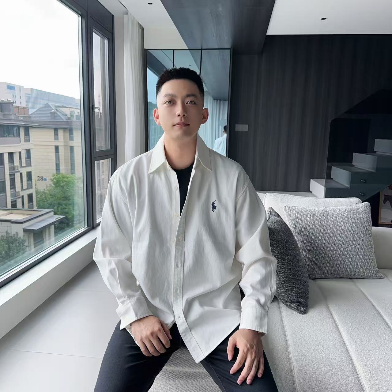【高奢莱赛尔】秋季重磅宽松男士翻领简约垂顺翻领小标衬衫外套