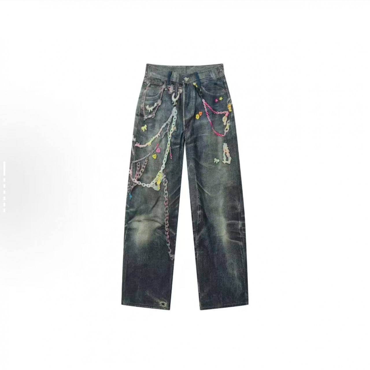 【原厂面料】 韩版美式复古3D数码印花链条高街糖果裤弯刀牛仔裤