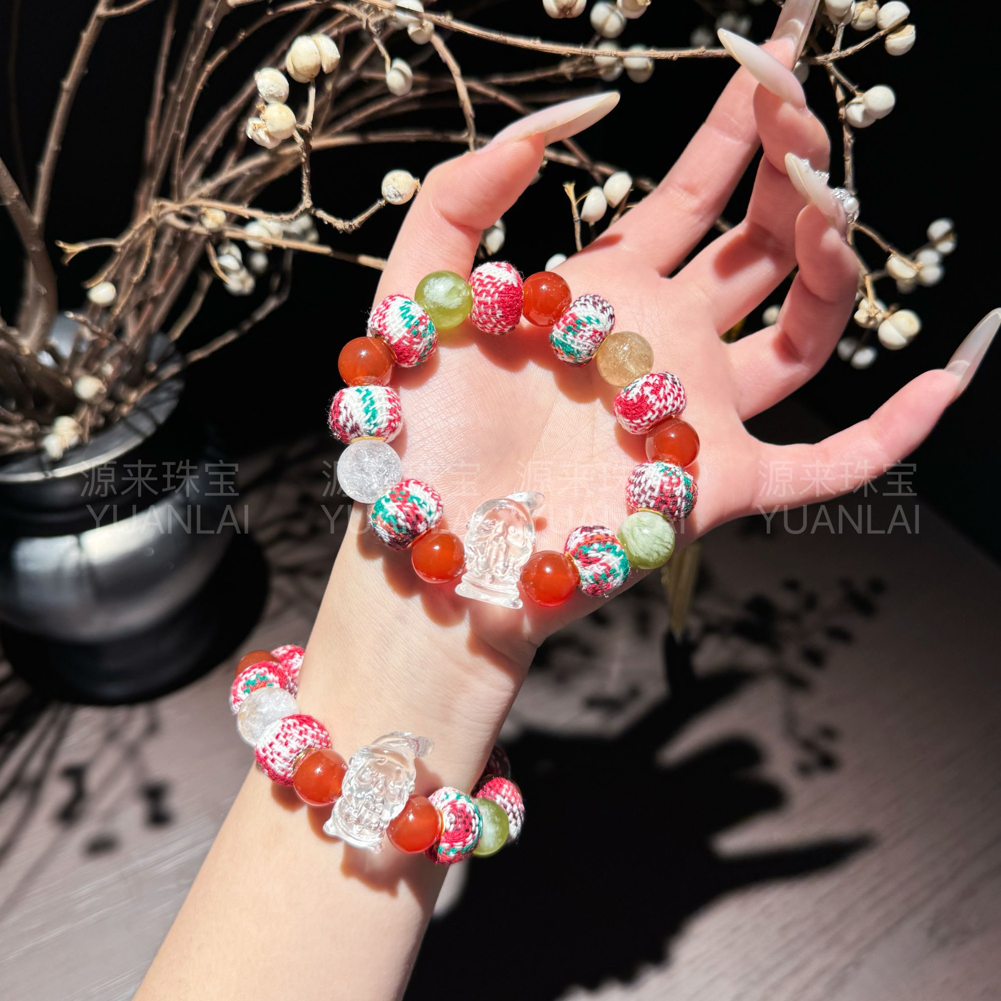 K*红绳花簇*岫玉玛瑙利姆利亚黄水晶手串YL3396