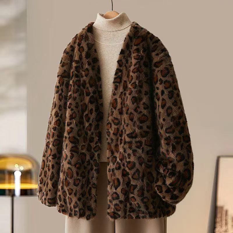 真皮真毛水貂皮毛拼皮咖色豹纹皮草外套V字时尚