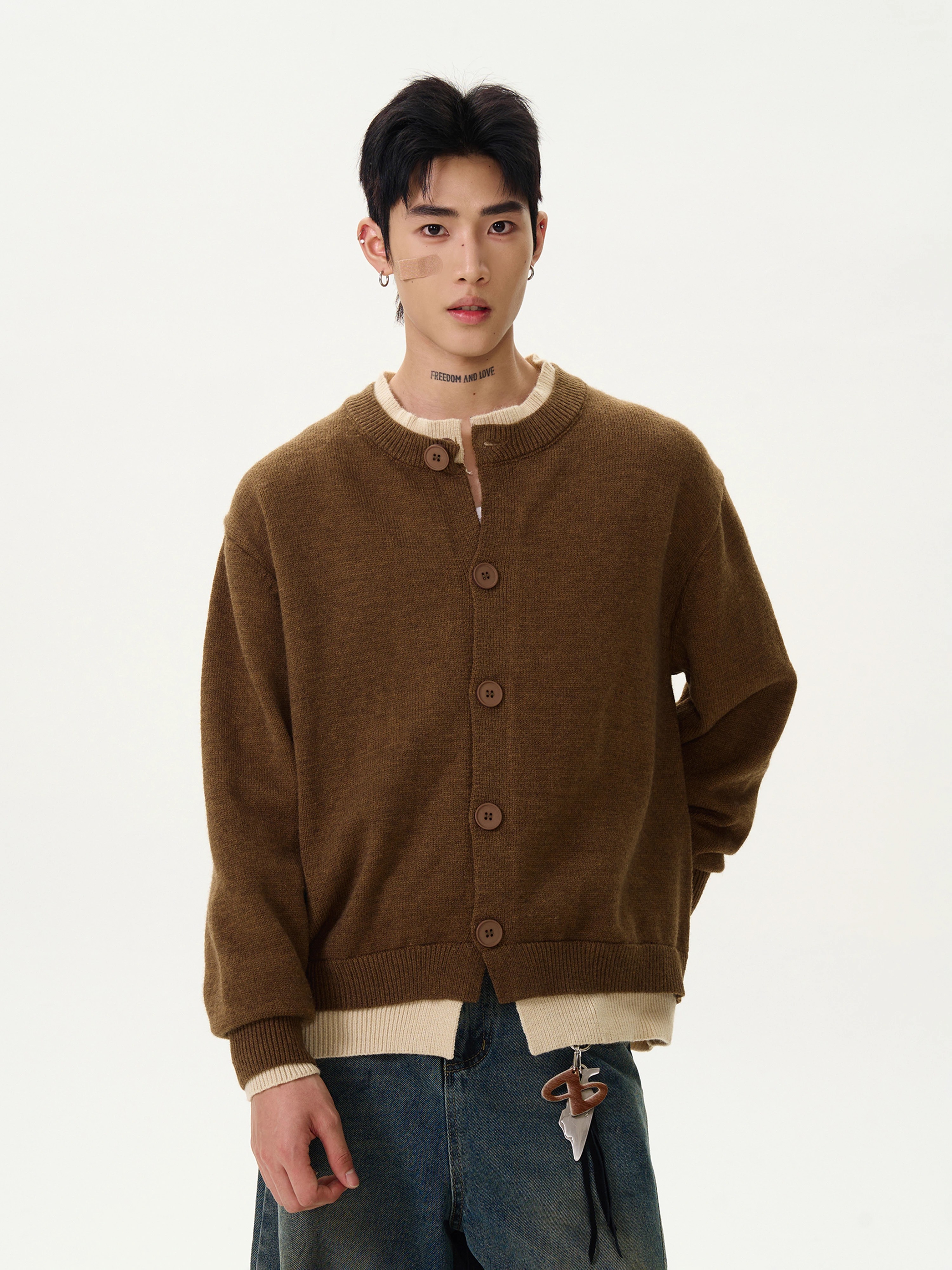 A1MP美式复古假两件设计感开衫毛衣男女款秋冬慵懒宽松针织衫外套