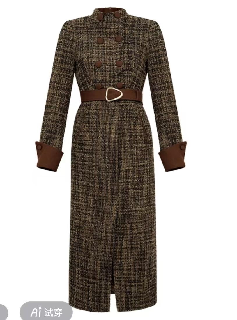 女士洋气连衣裙2025秋冬新款轻奢复古双排扣收腰包臀加厚裙子