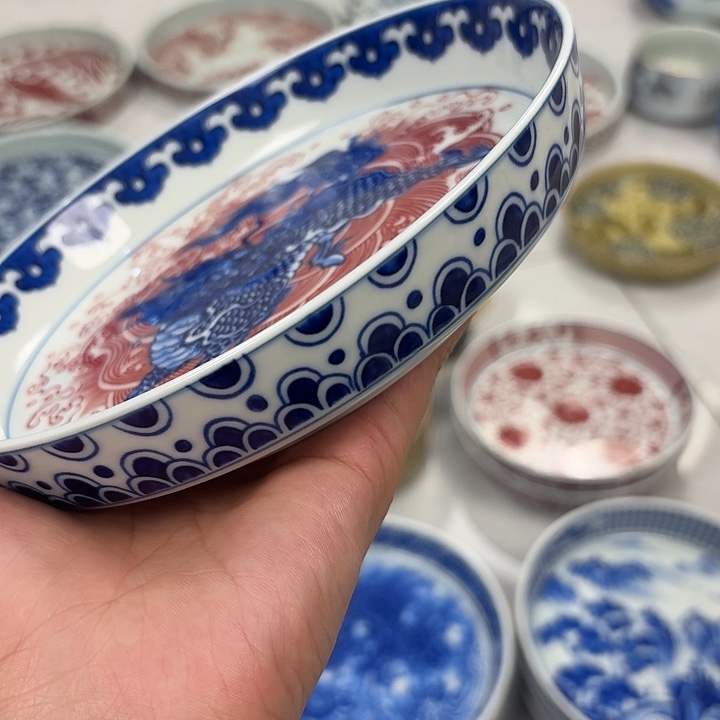 瓷片釉里红麒麟踏浪大胡乘景德镇