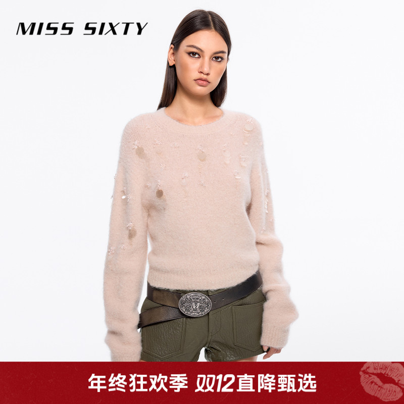 Miss Sixty冬季新款针织衫女圆领重工钉珠设计感毛衣派对高级