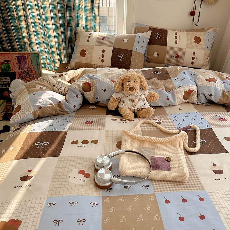 纺臣【方糖猫咪】可爱风100%全棉床上用品四件套纯棉被套床单三件套