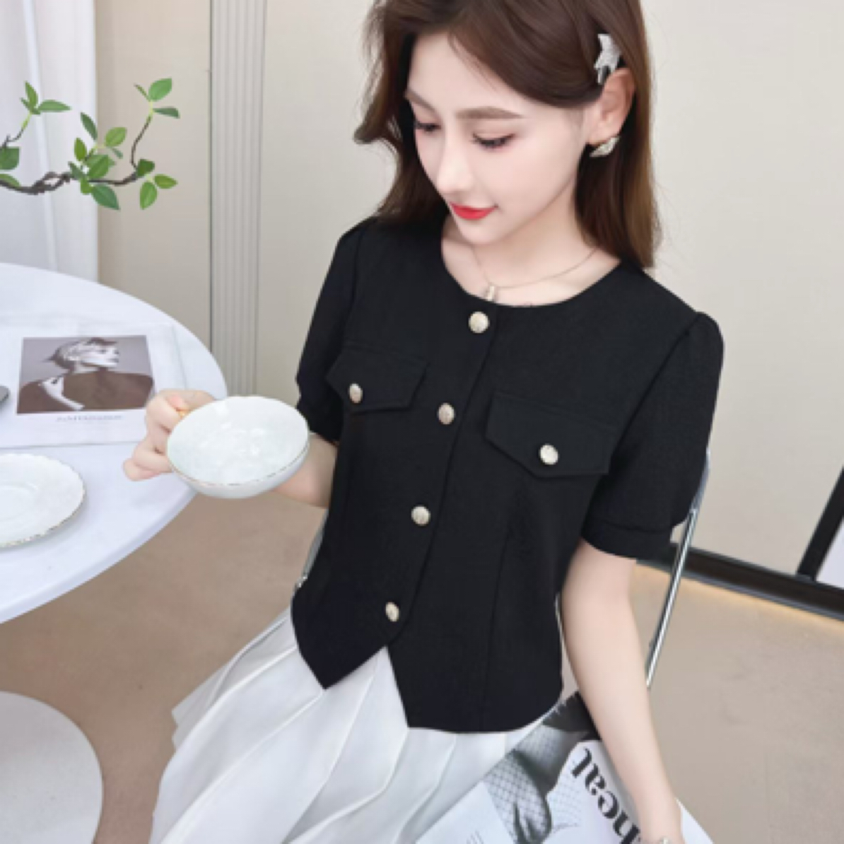 8005#【衣长52】短袖夏季短款衬衫小香风时尚法式气质上衣