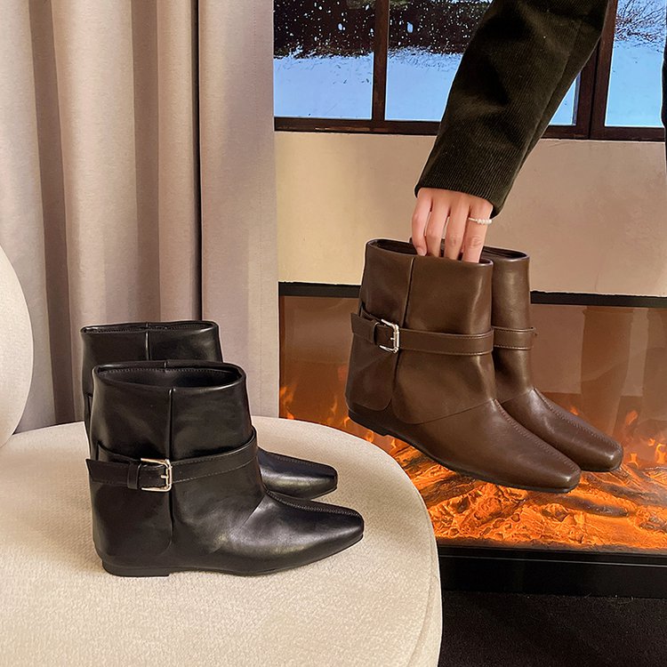 2024冬新款 百搭时尚尖头粗跟瘦瘦靴女短靴