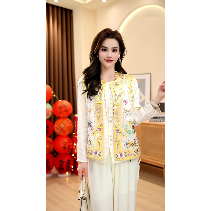 新中式气质重工刺绣时尚复古唐装中国风单排扣圆领女装马夹马甲