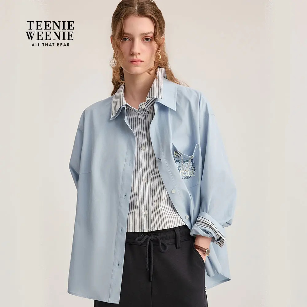 *TeenieWeenie小熊女装25年秋时髦双领微宽松长袖衬衫TTYA254901P