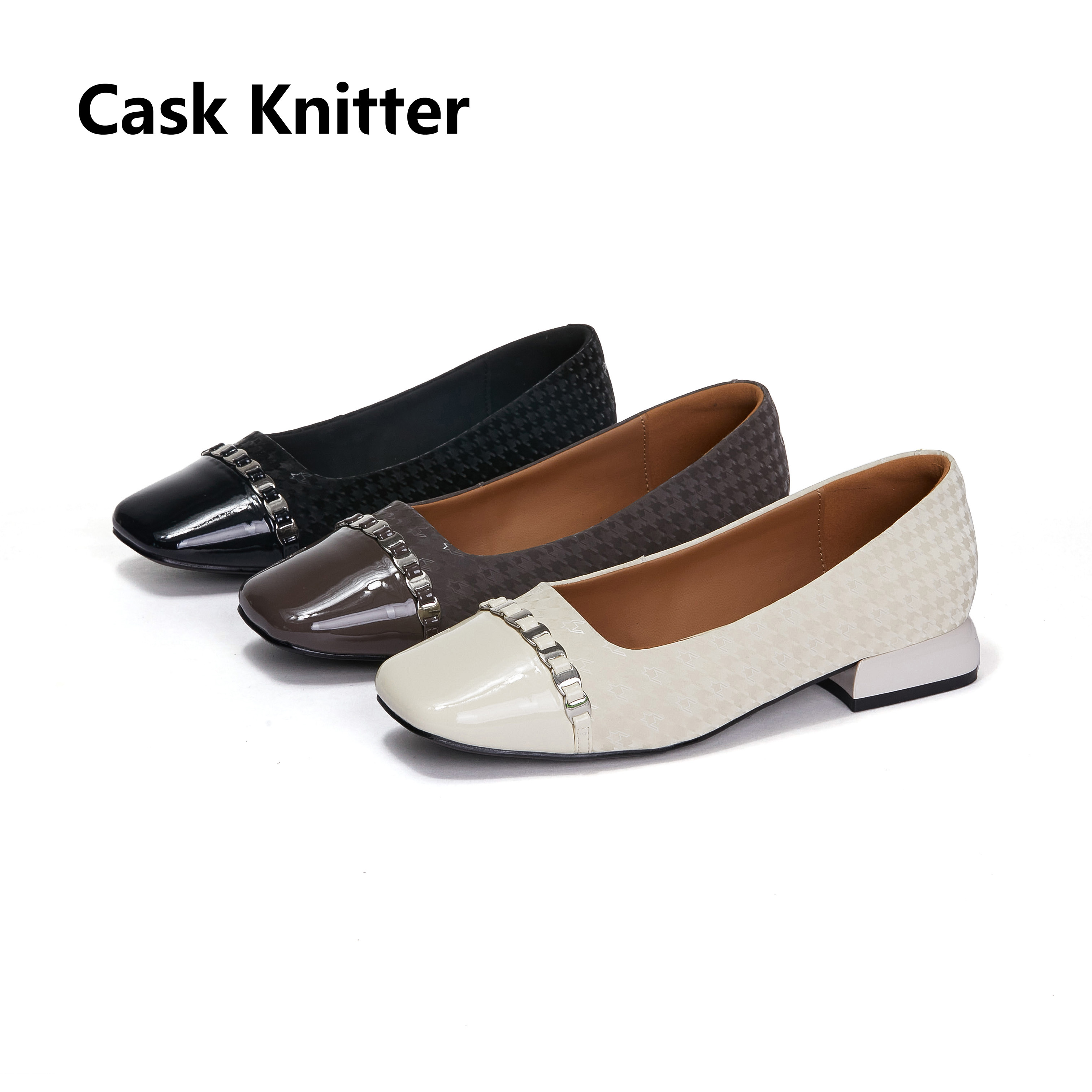 Cask Knitter 73917单鞋低跟秋季百搭皮女真皮方头鞋
