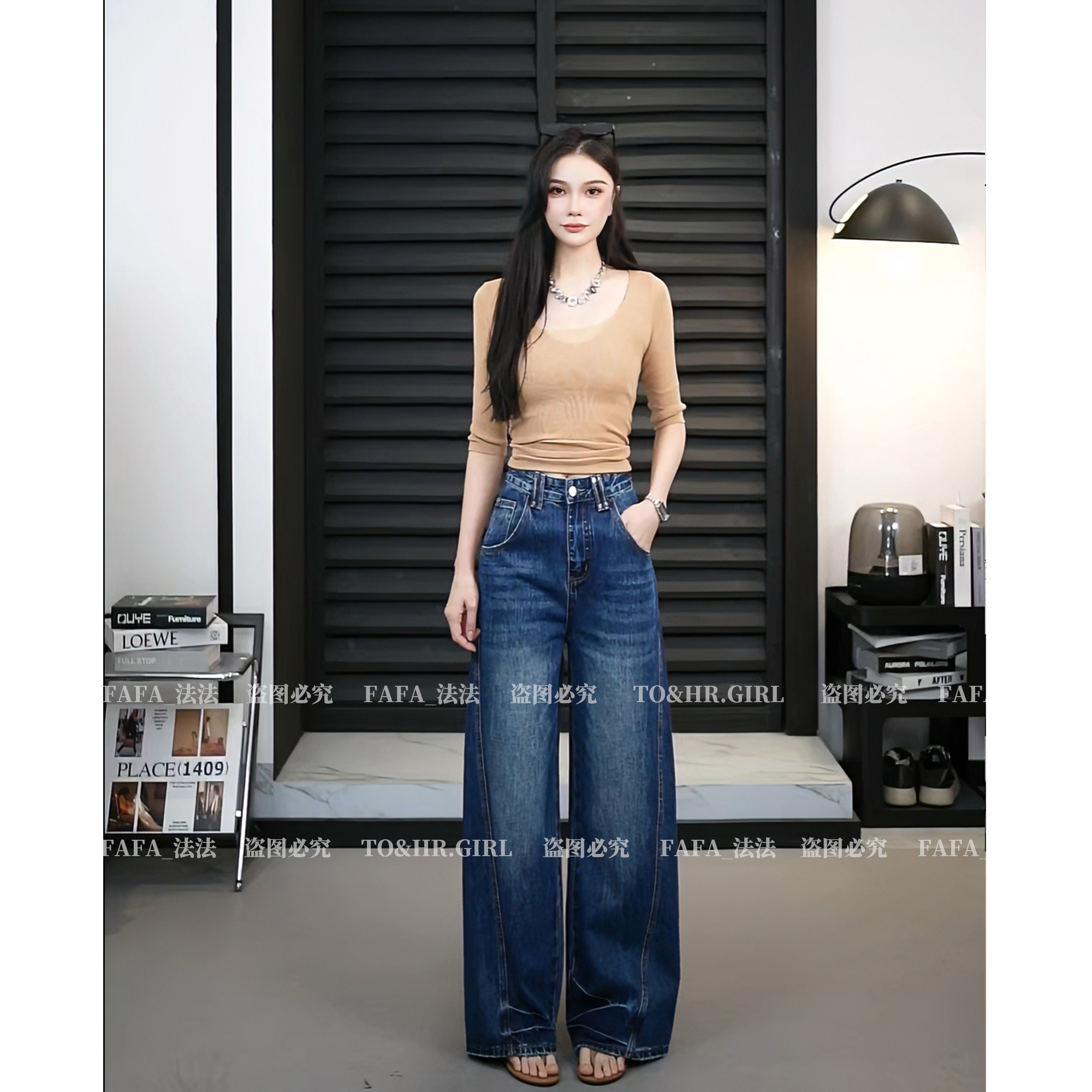 【TO&HR.GIRL】THE9005Q蓝色高腰牛仔裤秋季长裤子显瘦复古女装直筒