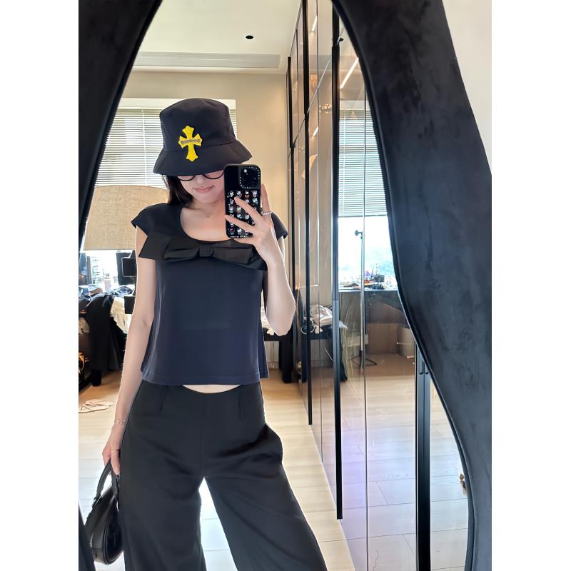 LA 蝴蝶结 撞色U领廓形 T恤 25795