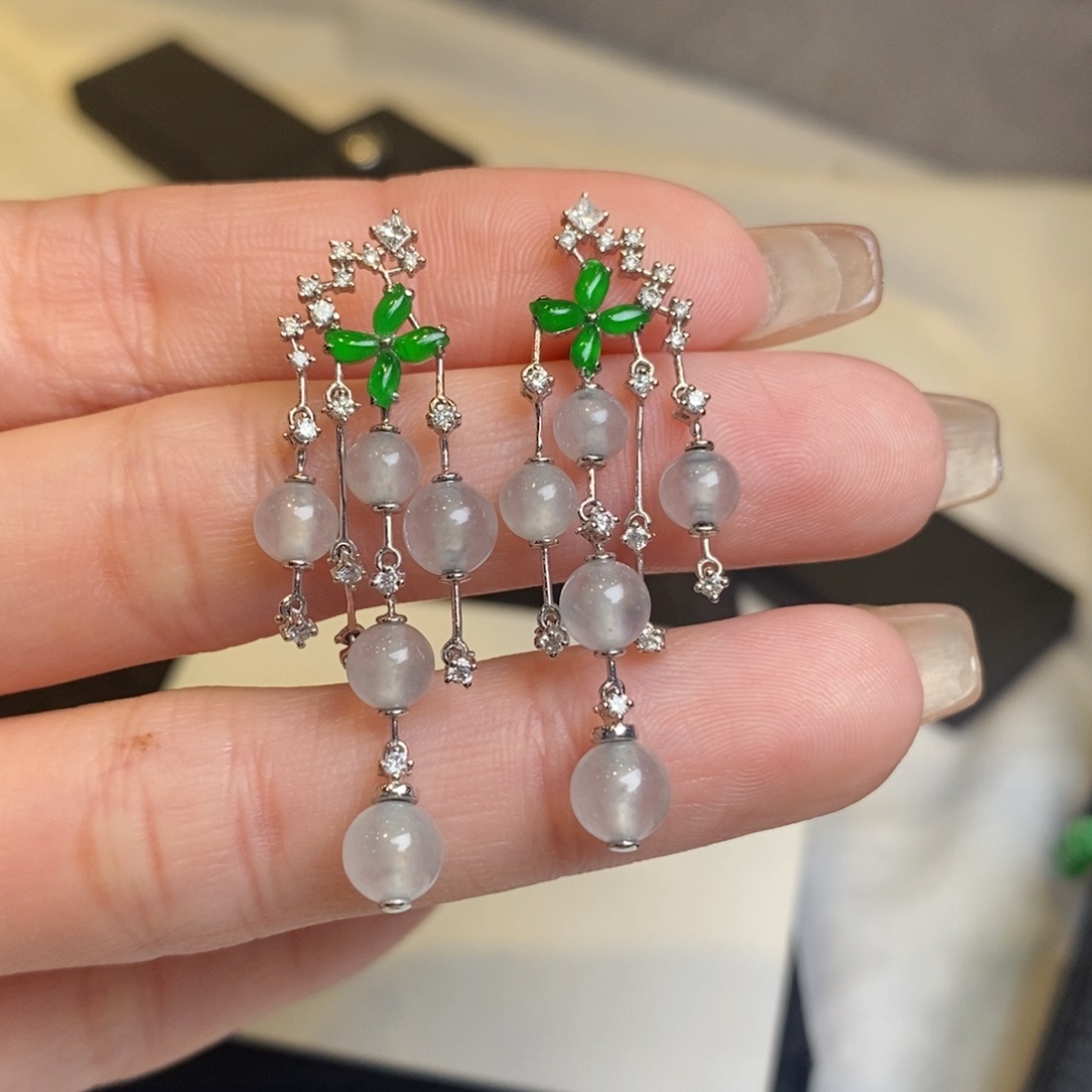 翡翠耳饰18K金镶嵌高冰珠珠