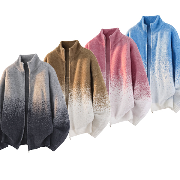 渐变色立领针织开衫男秋冬季拉链开衫美式休闲复古宽松毛衣外套