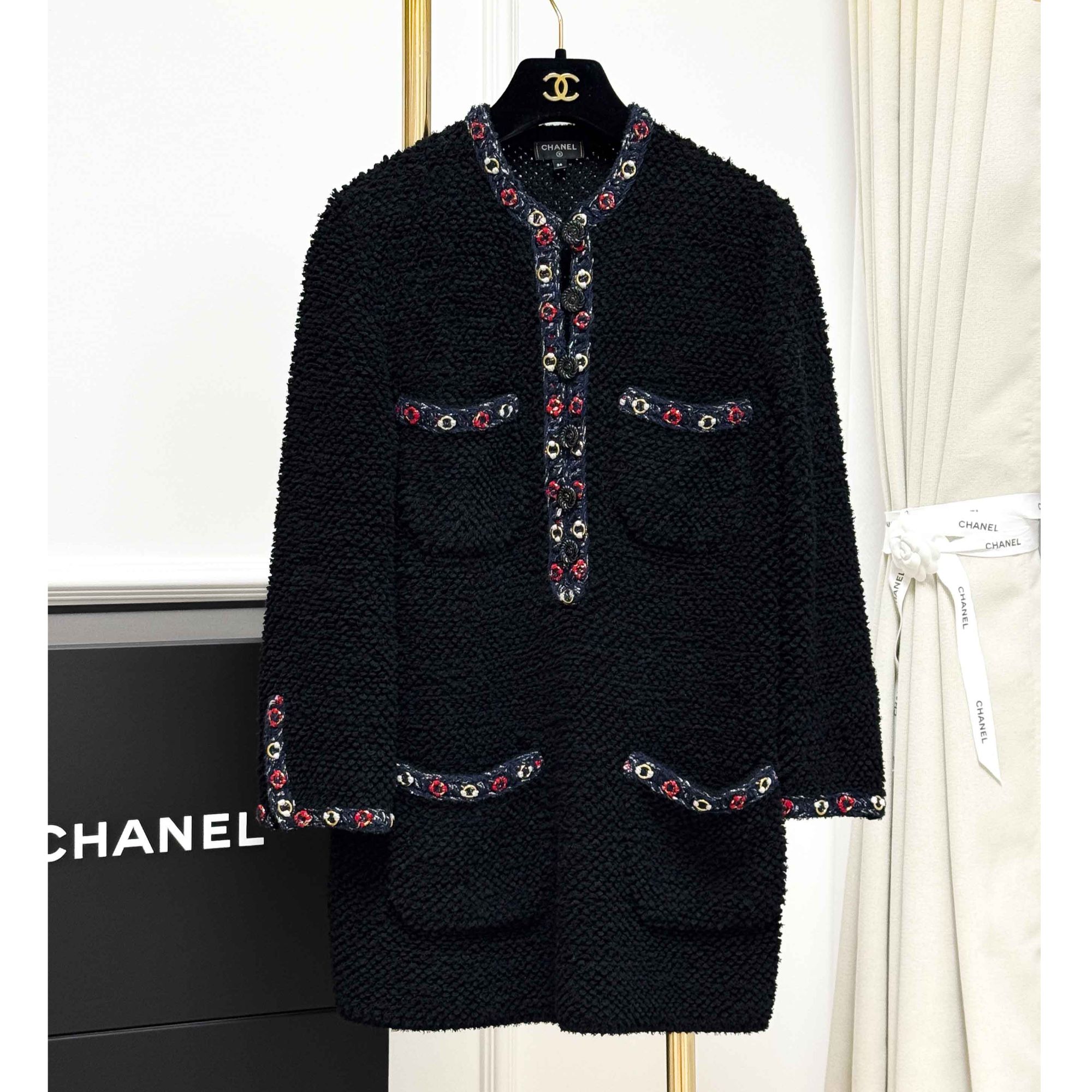 99新 Chanel/香奈儿 36码19C黑色拼彩色滚边四口袋连衣裙