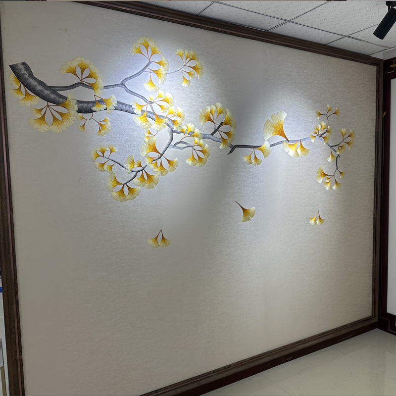 独绣新中式客厅沙发电视背景墙布银杏飞舞叶刺绣壁布背景墙