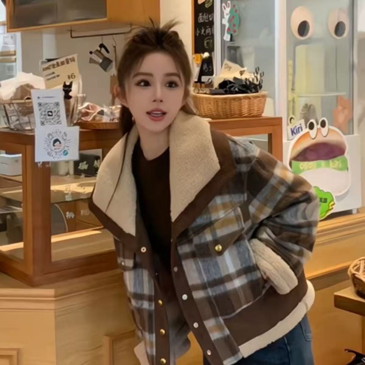 【复古格子】翻领保暖加厚充棉小香风短款外套女大衣