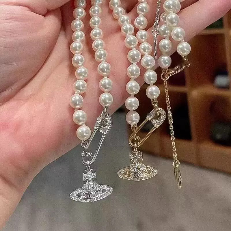 黄铜仿珍珠项链 【土星别针珍珠项链】黄铜经典土星别针项链锁骨链