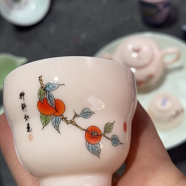 摆件陶红稀土柿柿如意杯
