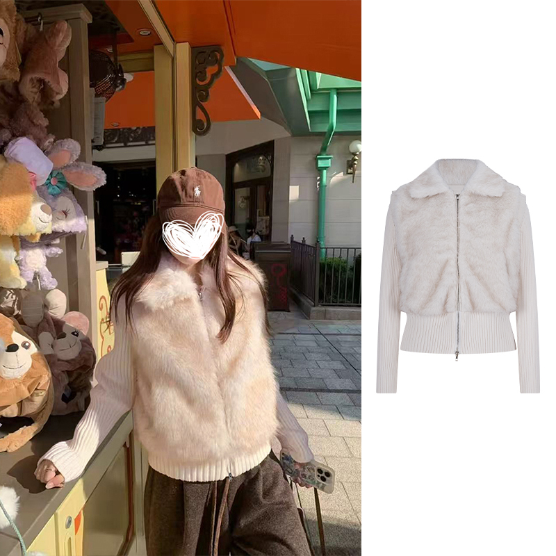 Moses Queen/魔西女王翻领环保皮草一体外套时尚拼接短款毛毛上衣商品图