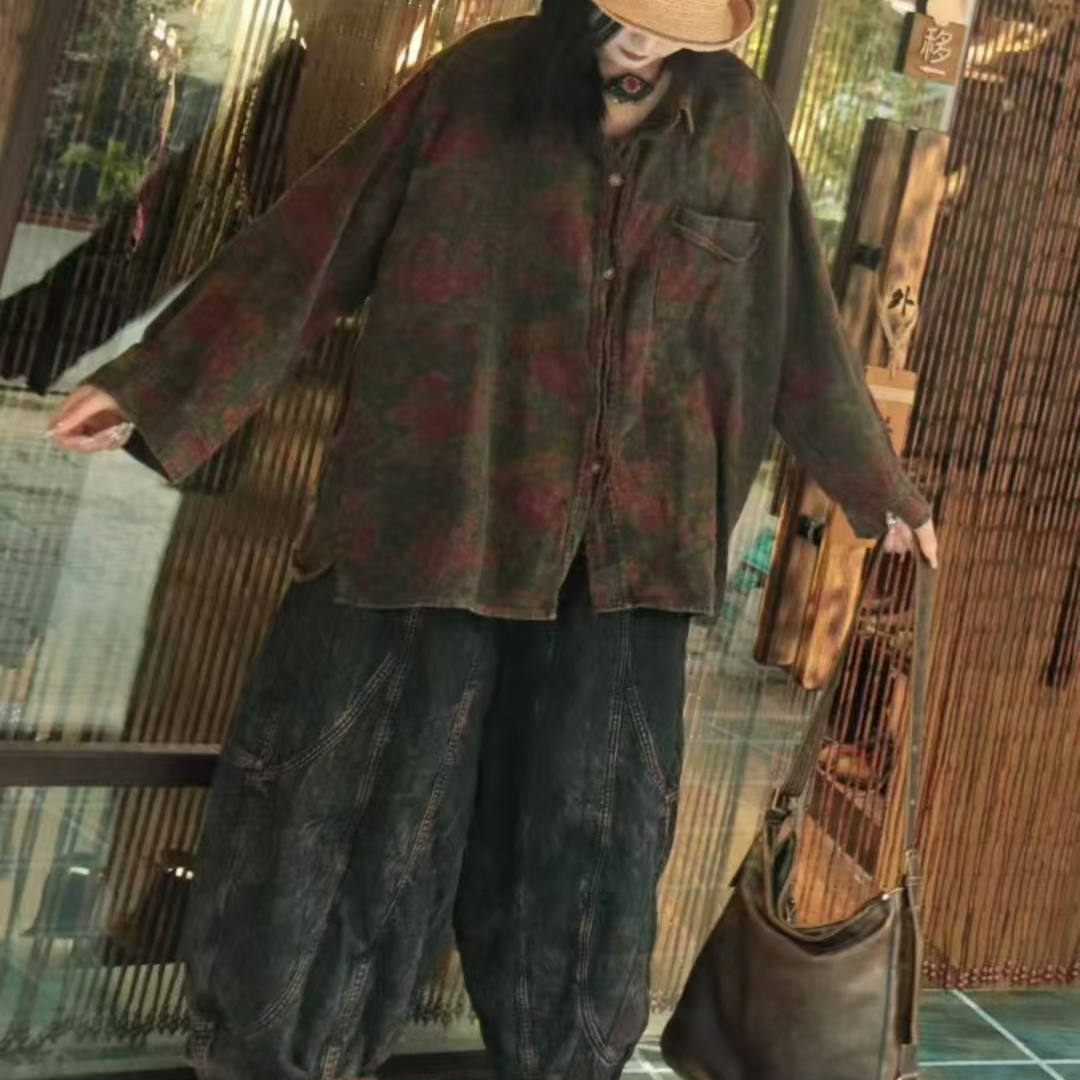 原创时尚复古印花亚麻长袖衬衫女百搭上衣休闲鞋