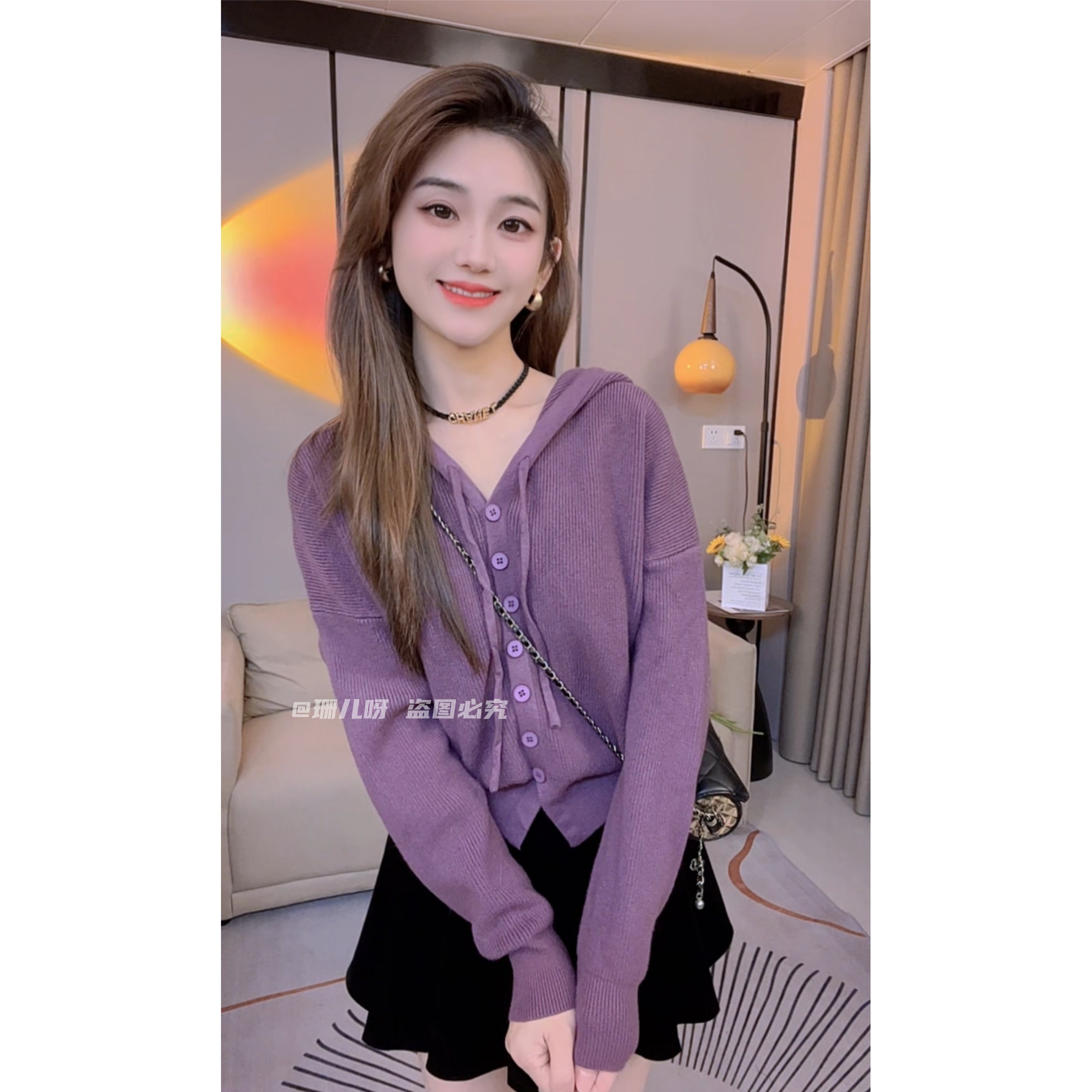 慵懒风连帽蓝色毛衣外套女秋季软糯奶呼呼毛衣针织开衫松弛感穿搭