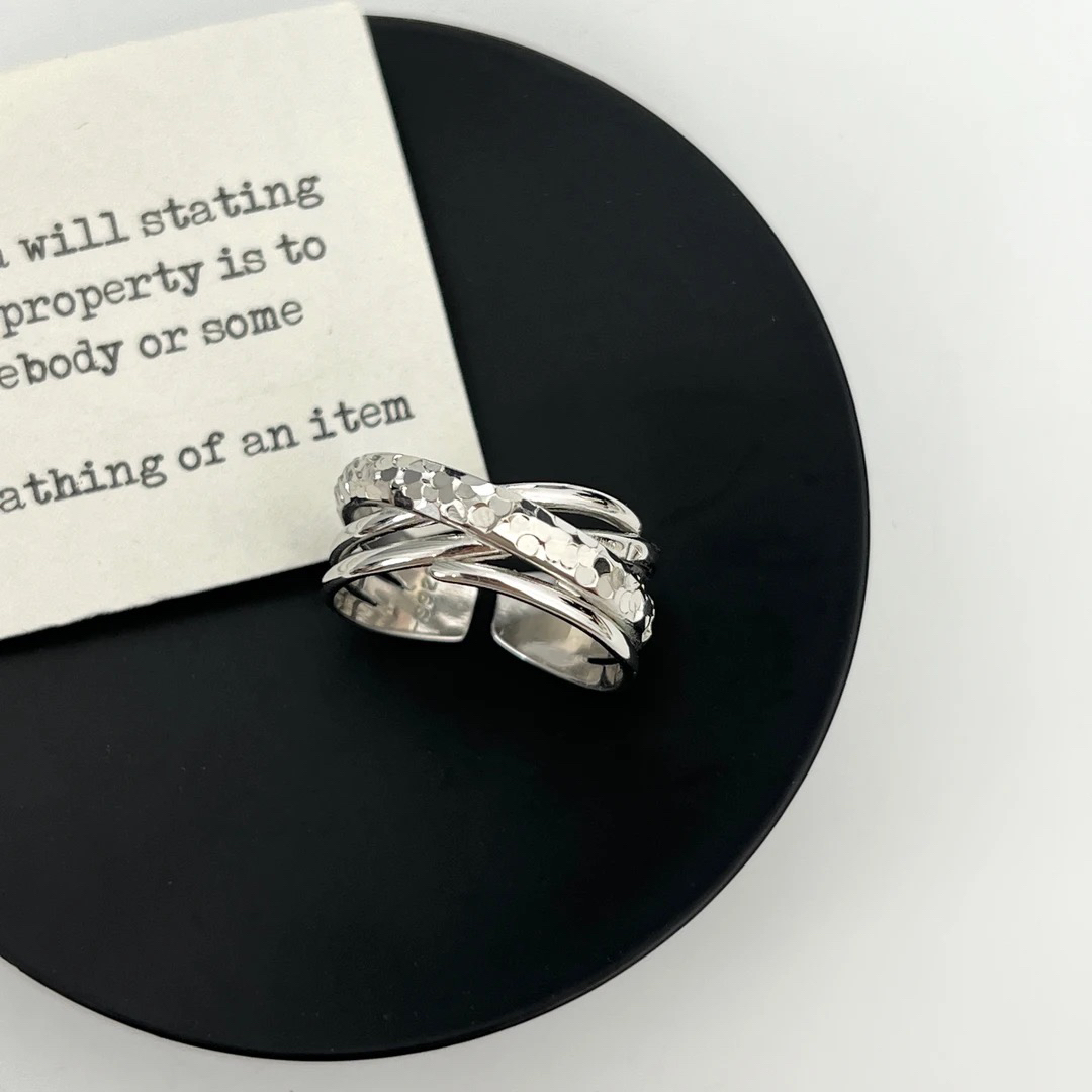 925银戒指 《冬日交响曲》ins设计感光面车花多层交叉开口银戒指