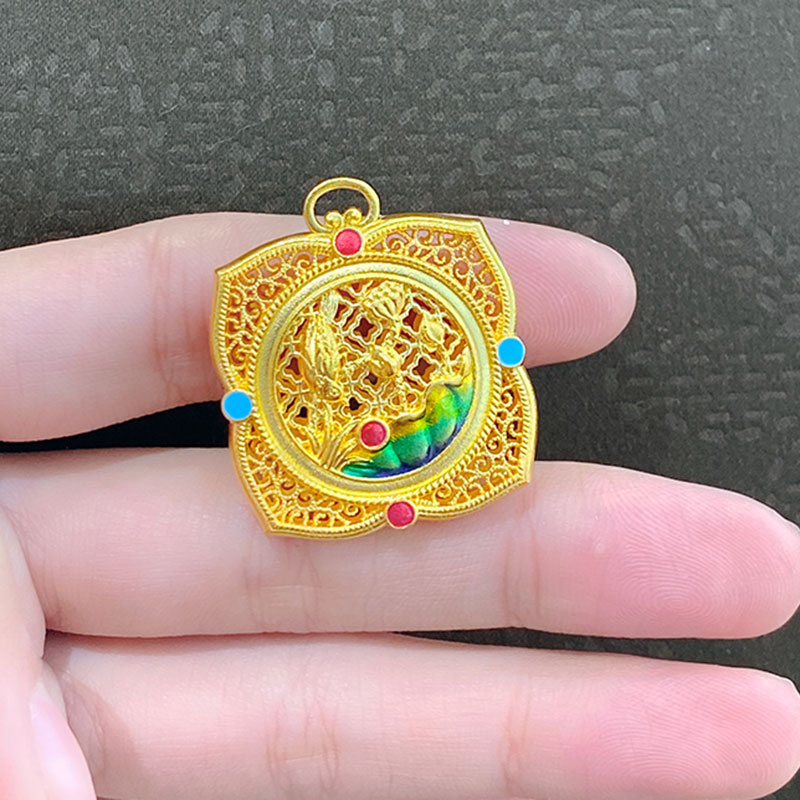 吊坠足银珐琅 镂空花丝喜鹊登梅莲花如意挂坠新中式百搭项坠