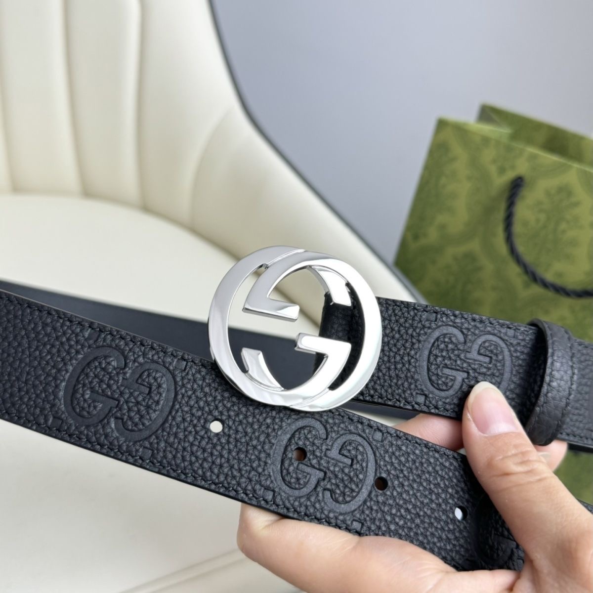 双G新款荔枝纹男士腰带复古经典压花头层牛皮+NFC芯片