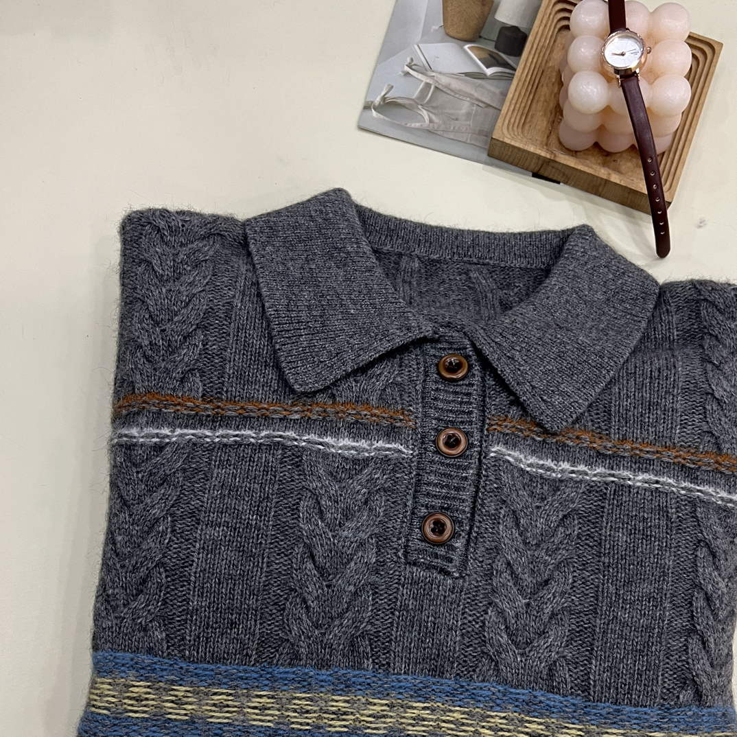 绒品 韩系麻花浮雕条纹拼色翻领半开针织衫