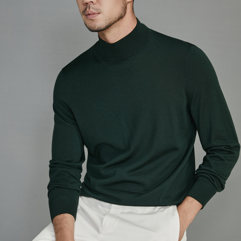 FACECITY可机洗羊毛修身高领打底羊毛衫绿色毛衣男秋冬慵懒风针织