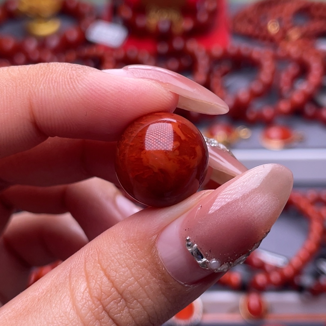叫***）南红玛瑙未镶嵌其他原矿）16.2mm瓦西玫红火焰纹满肉单珠