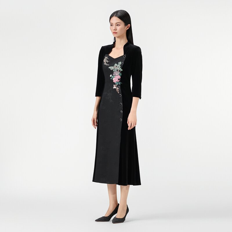 古色SUSSI【官店】前桃心后企领中长袖贴花鱼尾连衣裙