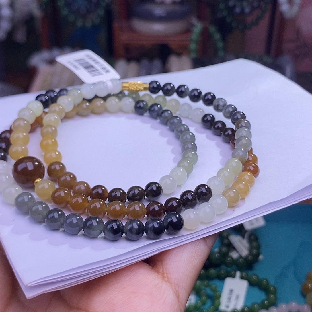 和田玉未镶嵌颈饰楼兰多宝老矿料约6mm108佛珠