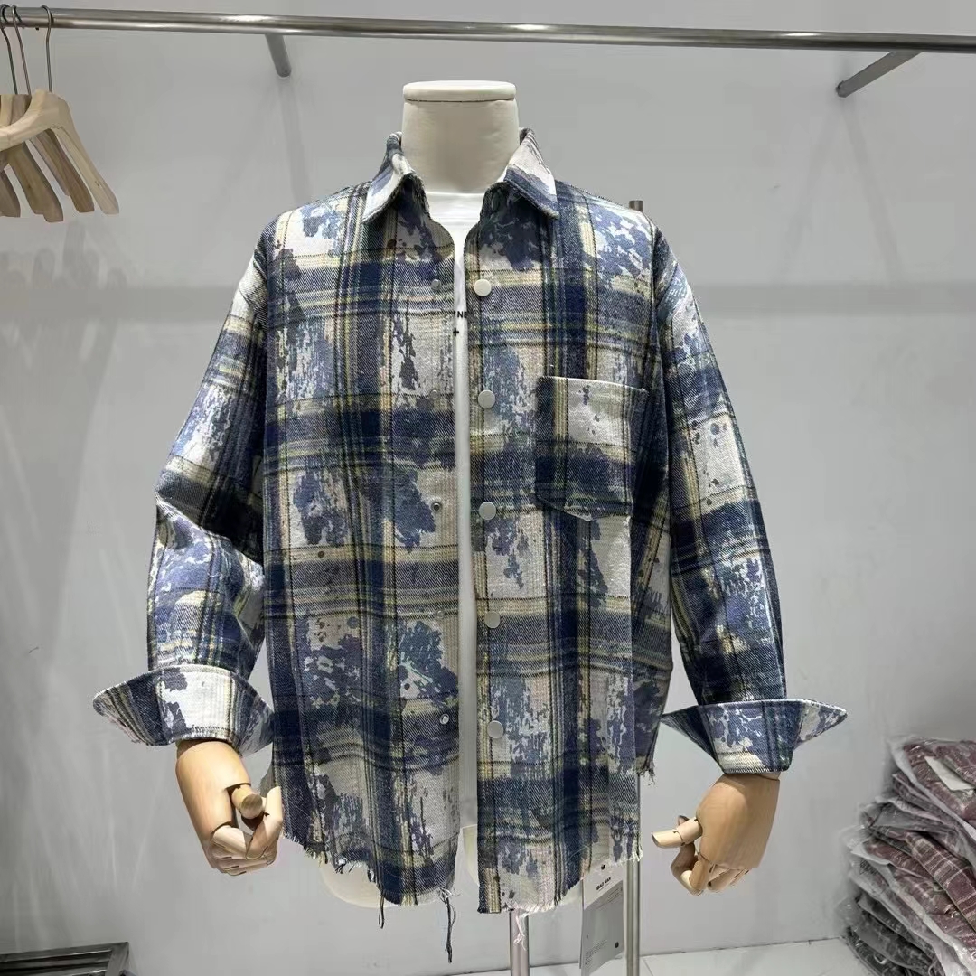 潮流宽松百搭毛巾绣LOGO格子衬衫春秋季外套男士长袖时尚休闲韩版