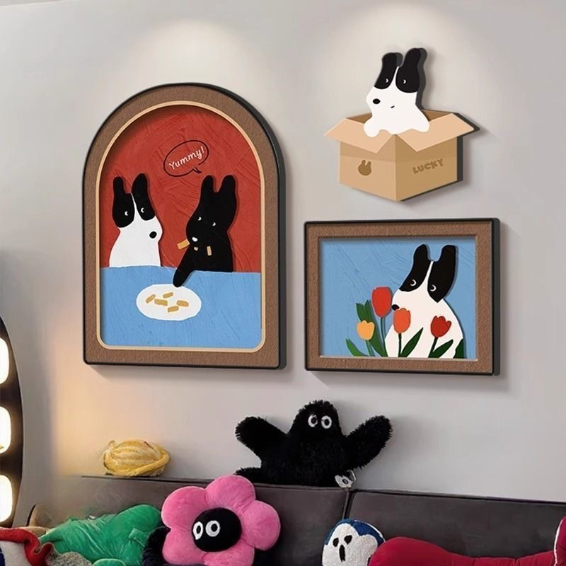 多巴胺风格趣味小狗餐厅装饰画客厅背景墙挂画