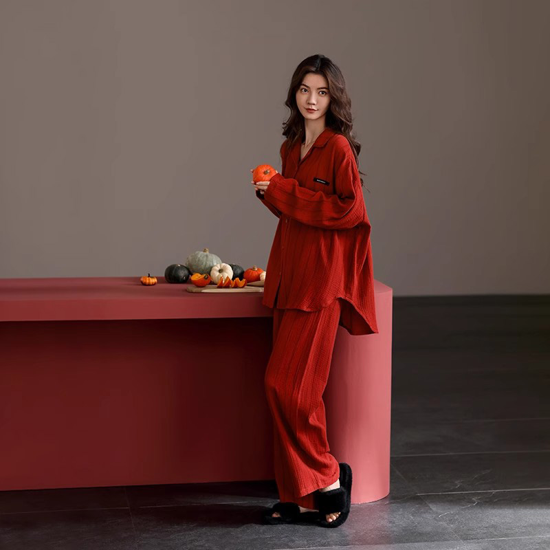 睡衣女款春秋款秋季长袖纯棉梭织棉纱布全棉家居服红色本命年