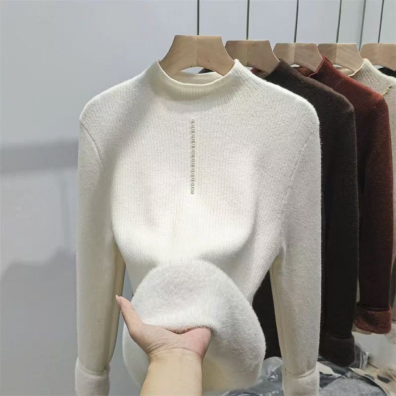 针织女毛针织衫加绒打底毛衣保暖上衣高领毛修身