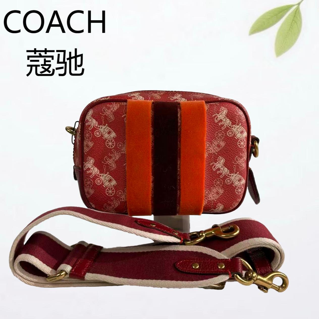 95新 COACH/蔻驰 红色马车标竖纹相机斜挎包G25804440底长18X12