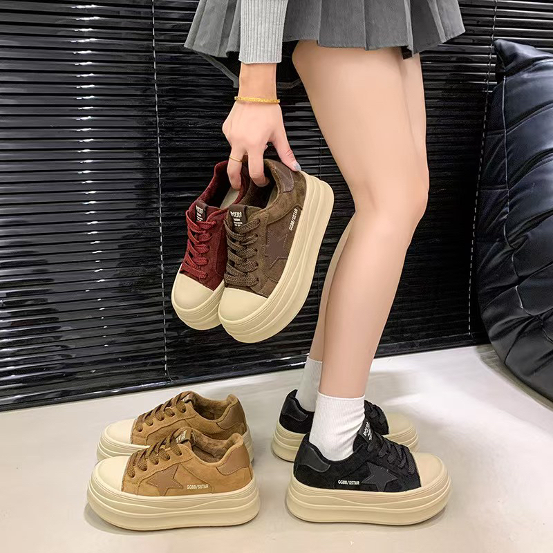 韩式真皮大头面包鞋女厚底百搭松糕板鞋2025冬季加绒棉鞋女A08