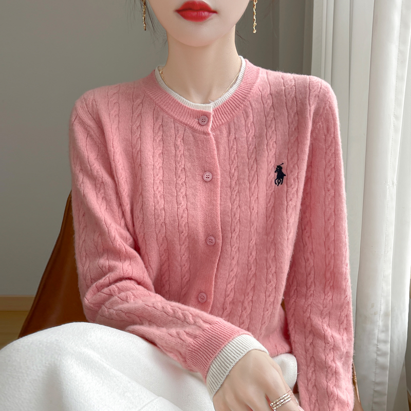 2025新款纯羊毛针织圆领女不褪色刺绣衫短款秋冬春秋外搭