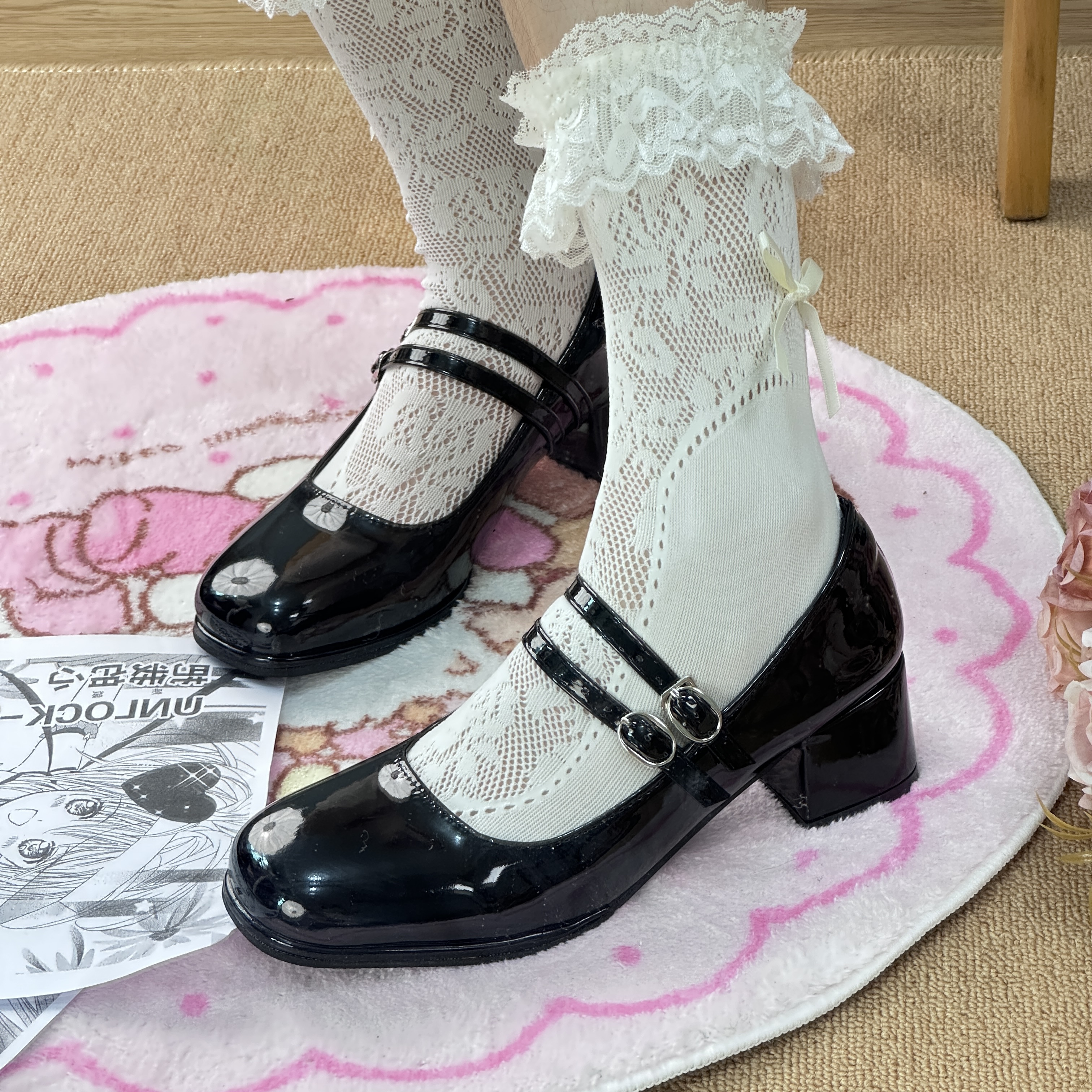 法式黑色方头玛丽珍鞋女2025年新款一字扣带浅口高跟鞋中粗跟单鞋