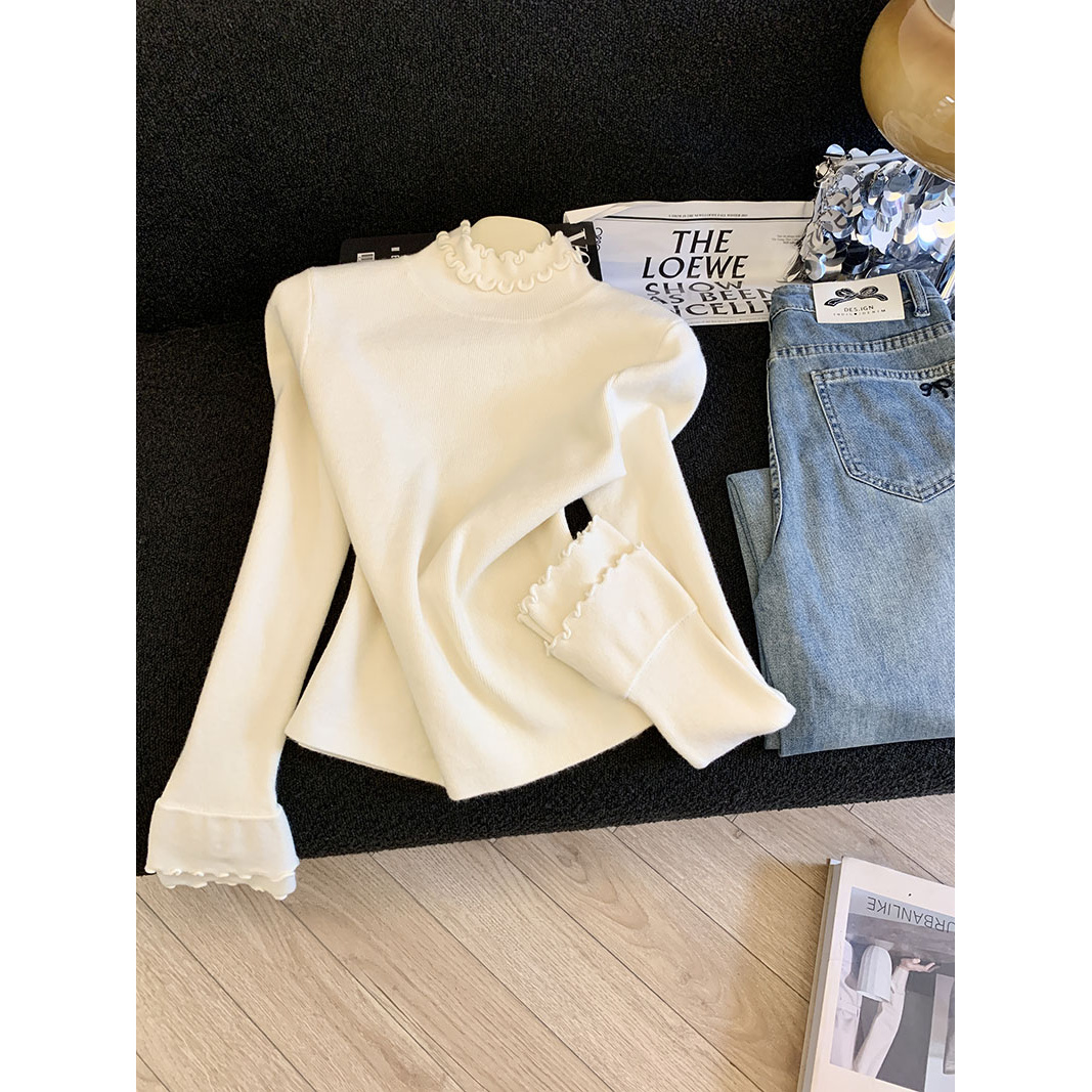 木耳边半高领内搭加绒毛衣女秋冬百搭修身长袖打底针织衫上衣女潮