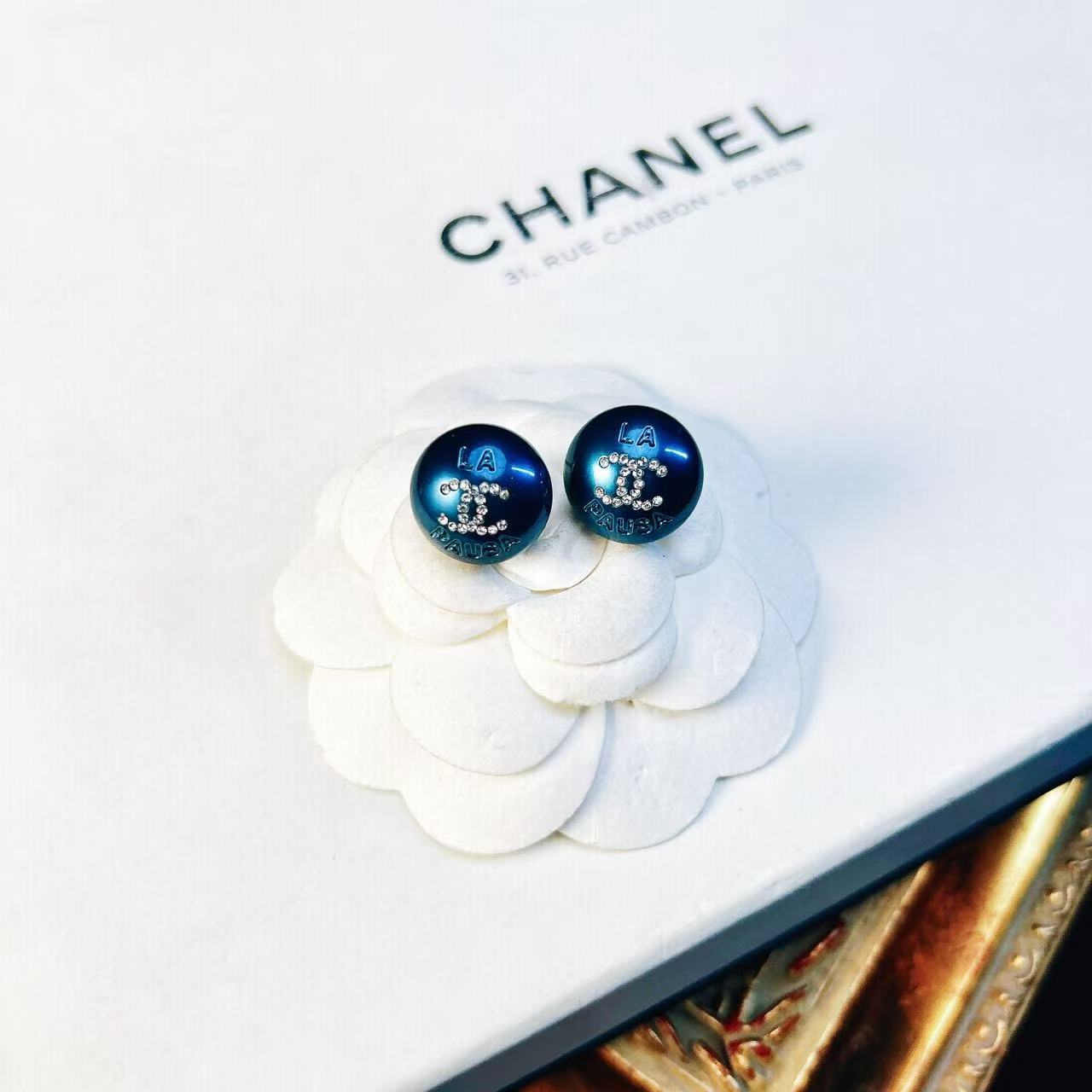 95新 Chanel/香奈儿 柚礼中古/香奈儿蓝色珍珠双c耳钉NXP