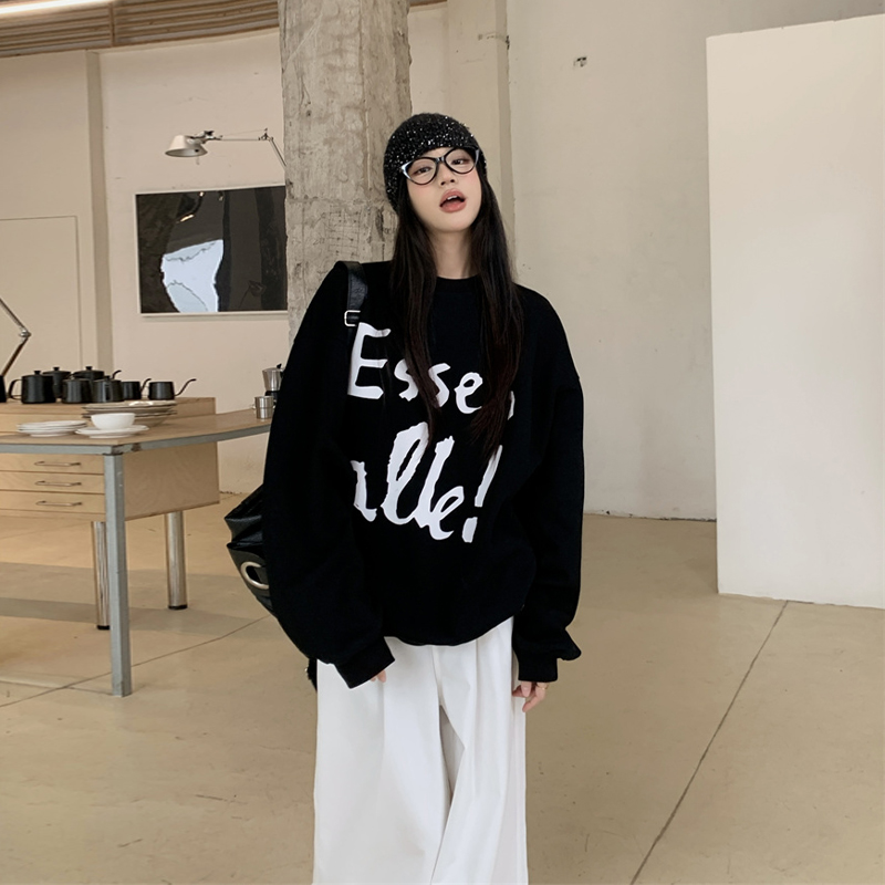 美式黑色复古慵懒风卫衣oversize字母高街圆领长袖印花宽松外套潮