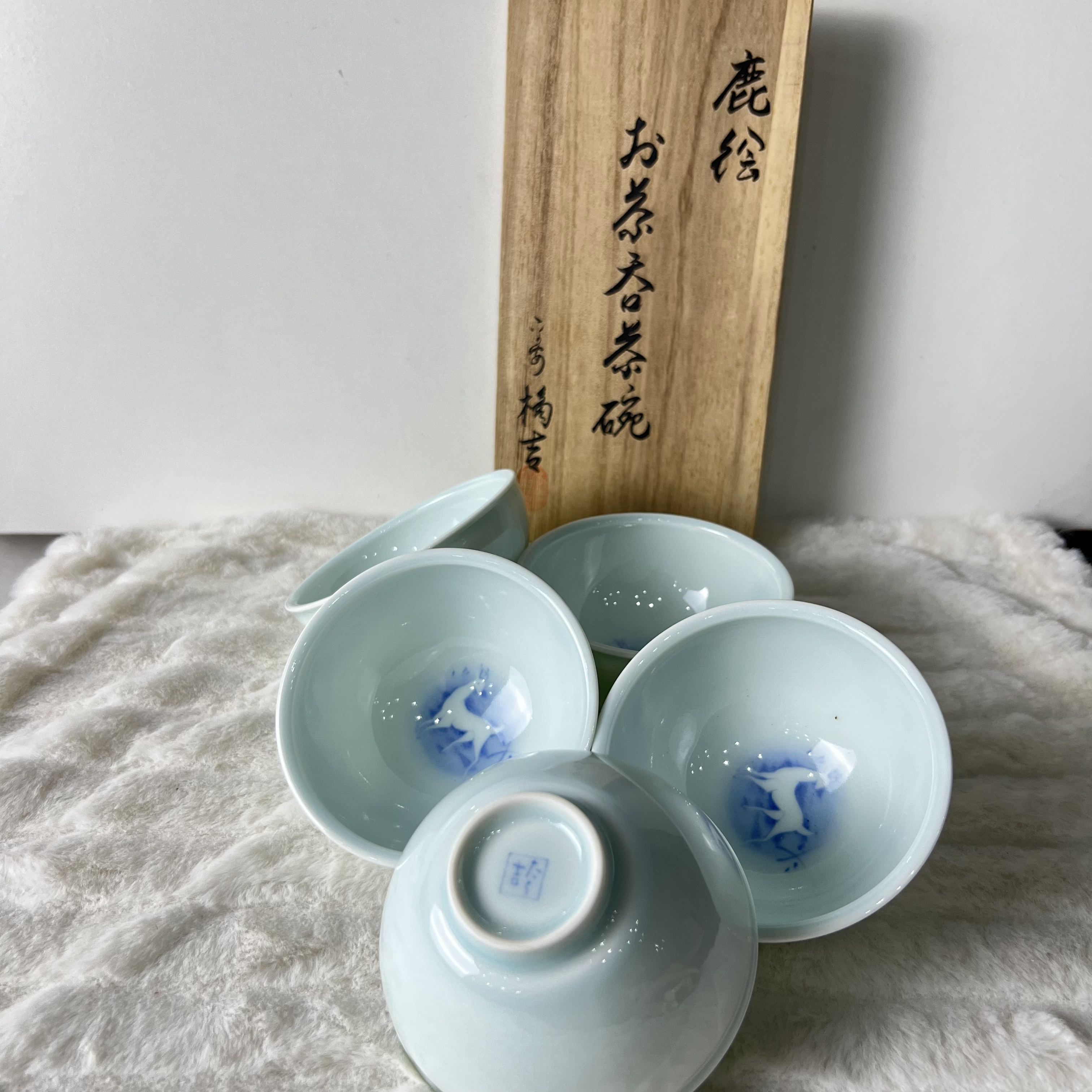 橘吉青白色小鹿五客杯 全新原盒