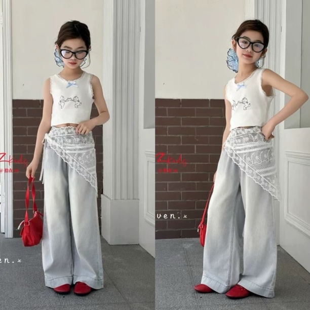 断码捡漏清仓女童夏季薄款牛仔裤1569潮牌洋气直筒牛仔裤蕾丝装饰