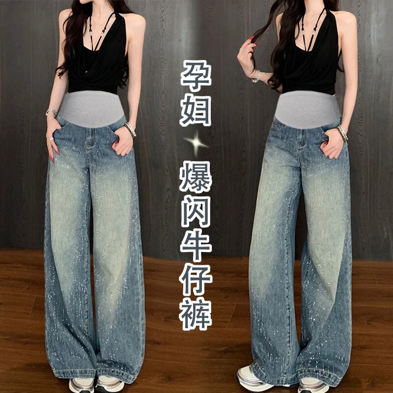 孕妇加绒牛仔裤烫钻大码阔腿裤新款时尚秋装外穿高质量长裤秋冬装