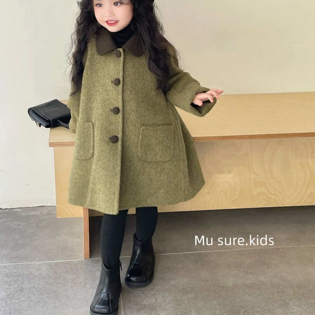 韩国童装秋冬新款复古绿翻领双面呢蝴蝶结大衣女童中长款毛呢外套