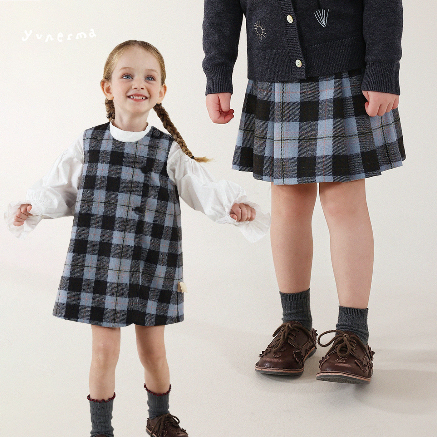 允儿妈女童冬季绵羊毛混纺格子背心裙百褶半裙套装宝宝公主裙短裙